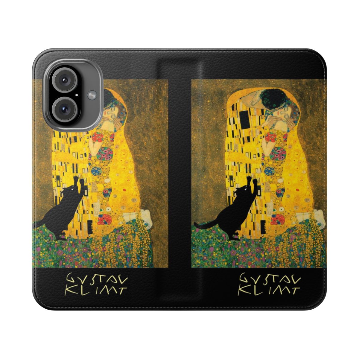 Phone case featuring a black cat playing with the iconic Klimt painting "The Kiss"