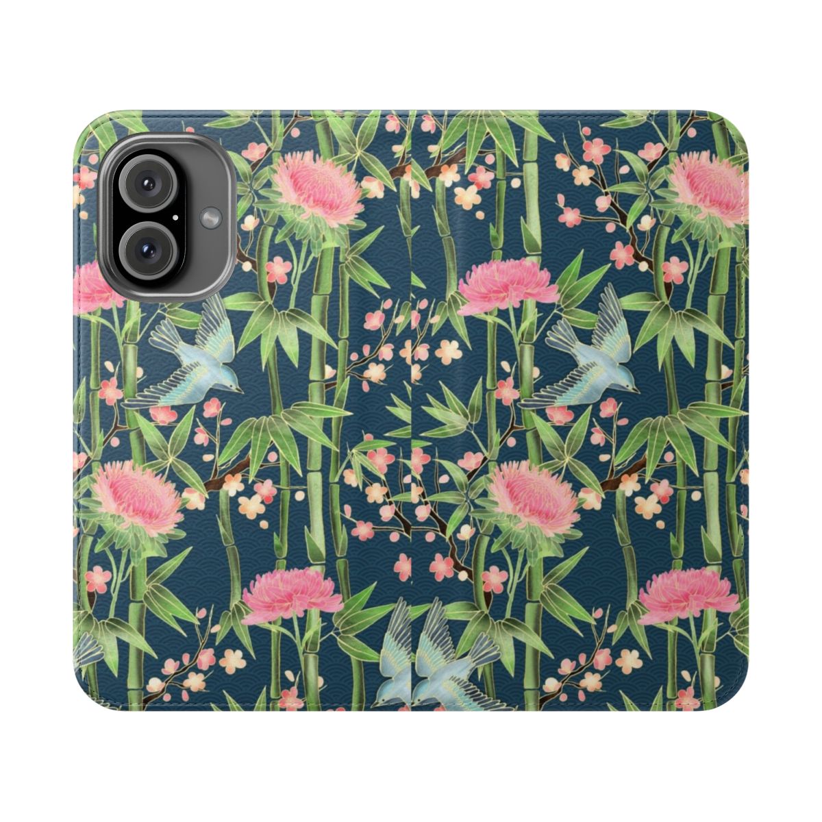 A dark teal flip phone case featuring a beautiful pattern of bamboo, birds, and blossoms.