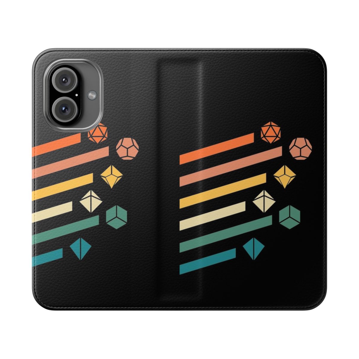 Retro polyhedral dice set in vibrant colors on a flip phone case, perfect for tabletop RPG fans.