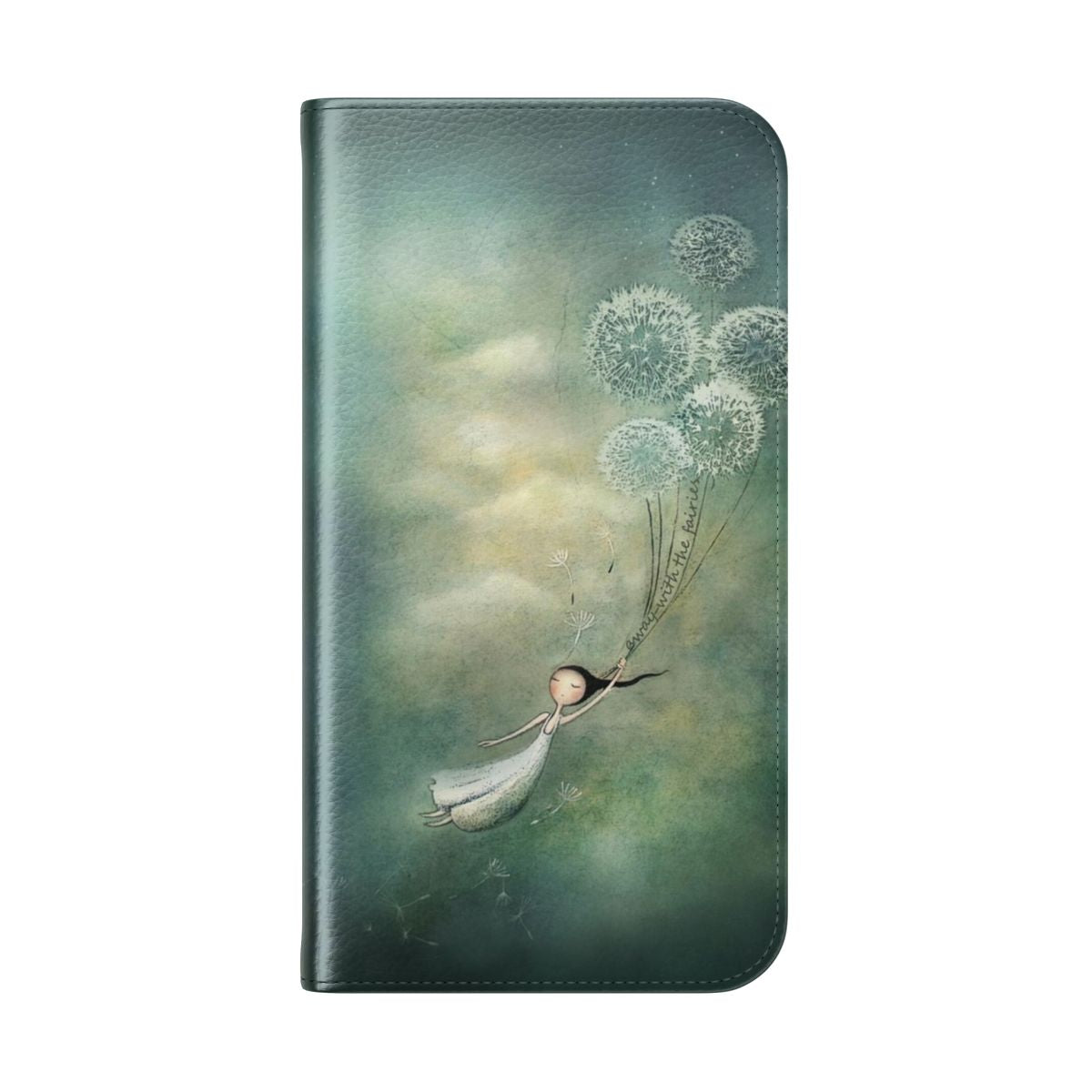 A whimsical flip phone case featuring a dreamy dandelion and fairy design. - Folded Back