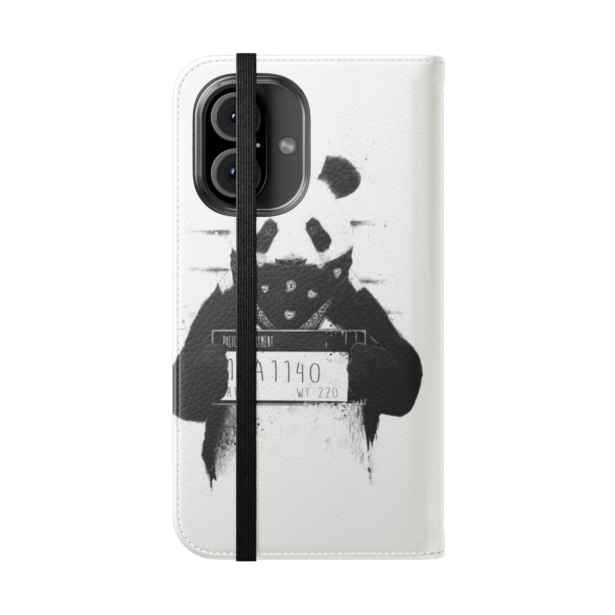 Panda phone case with a grunge, mugshot-style illustration - Folded Front