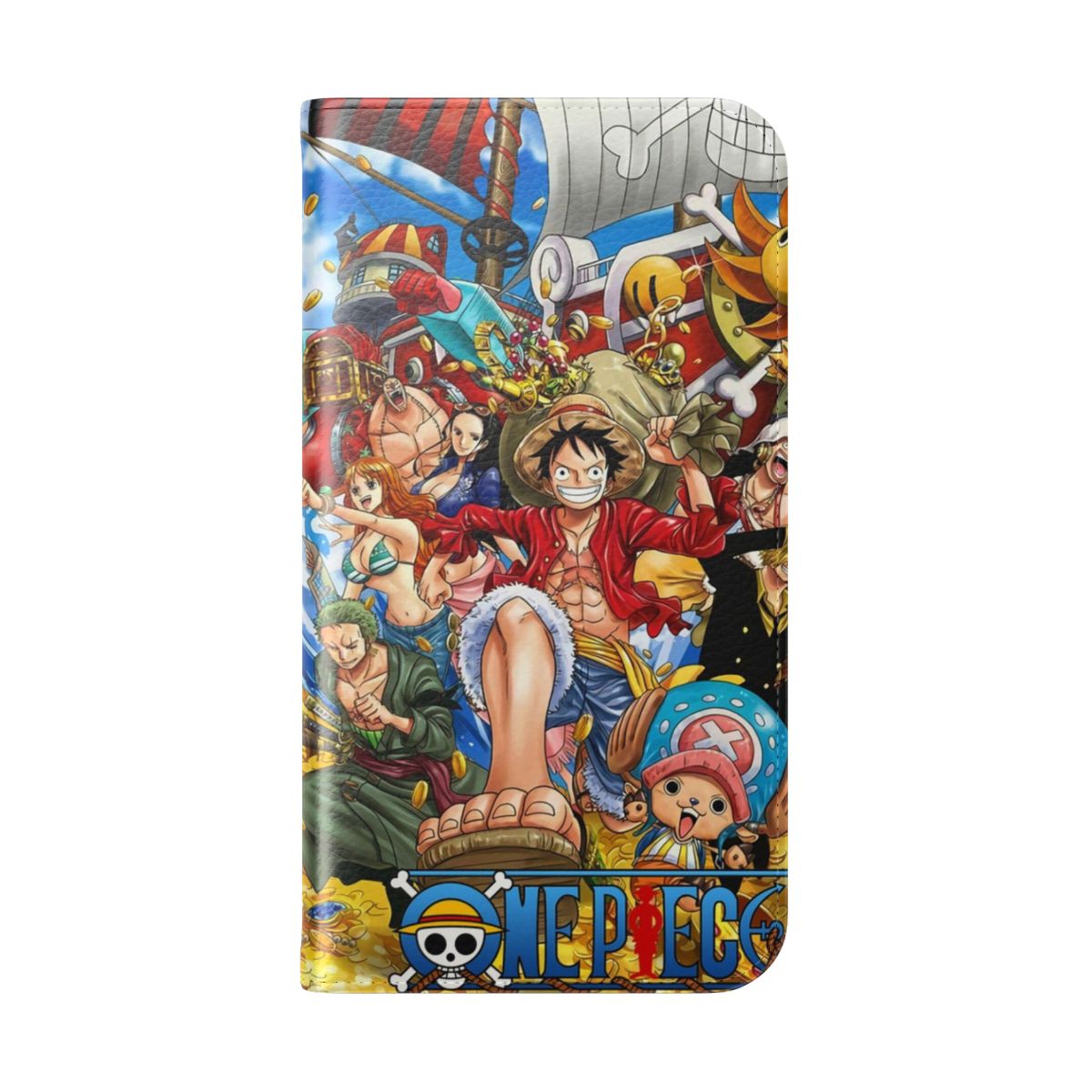 One Piece themed flip cover phone case with various characters - Folded Back