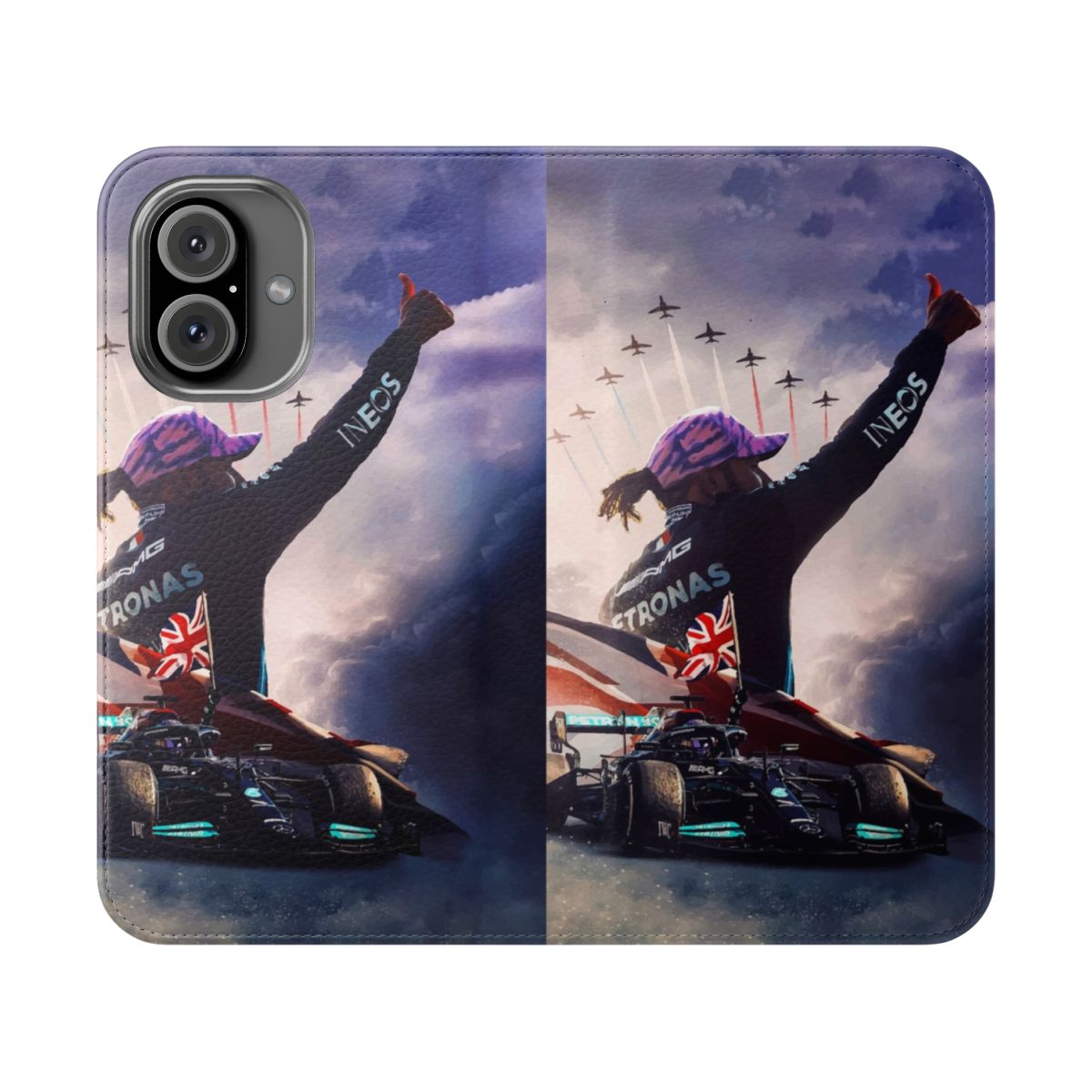 Retro-style phone case cover inspired by Formula 1 2024 racing, featuring the number 44 and a stylized illustration.