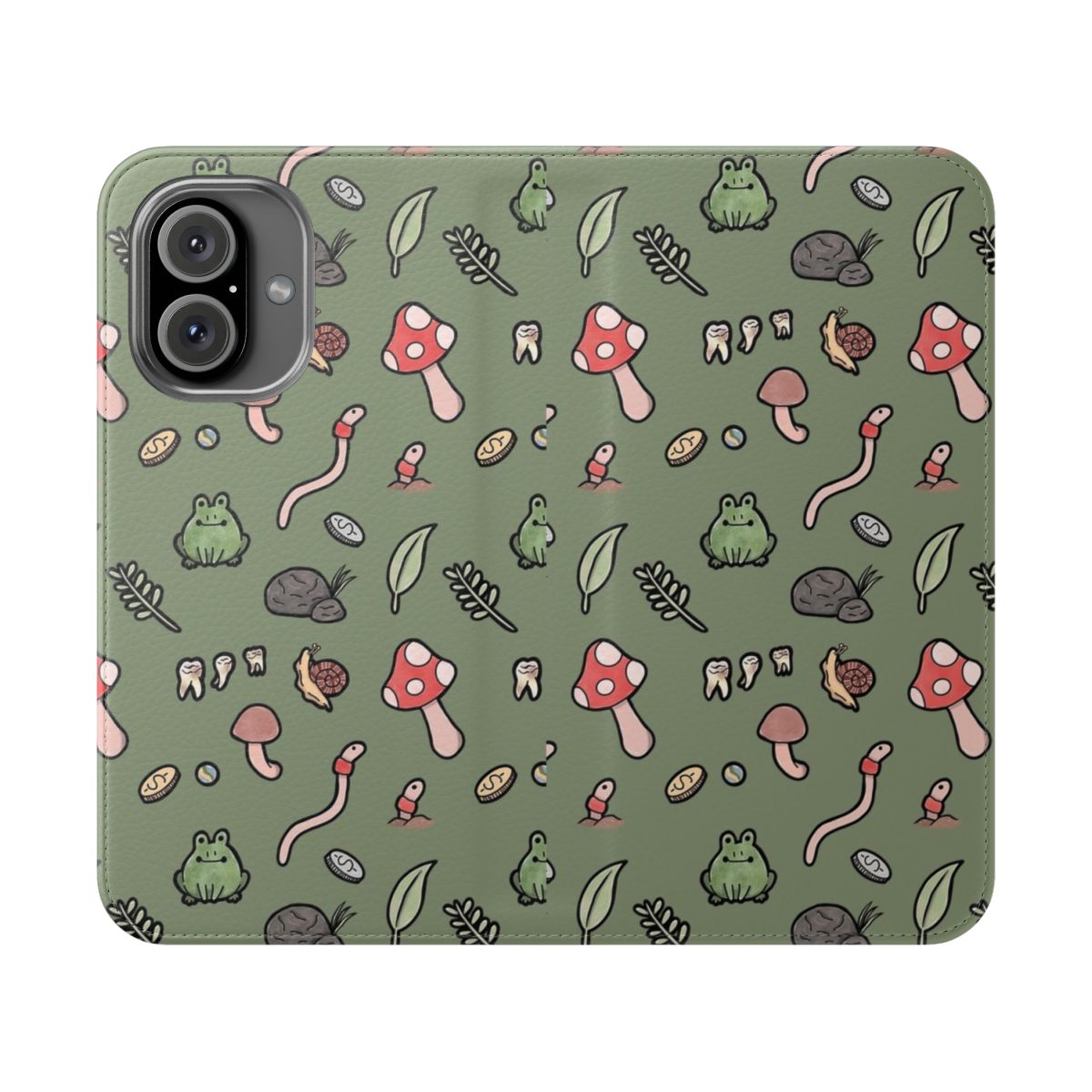 Green phone case with cute goblin, frog, bug, and worm motifs in a whimsical, nature-inspired design.