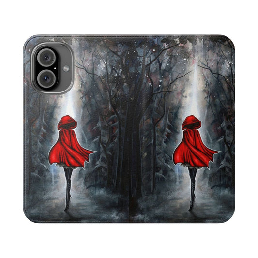 Dark and surreal watercolor illustration of Little Red Riding Hood on a flip phone case