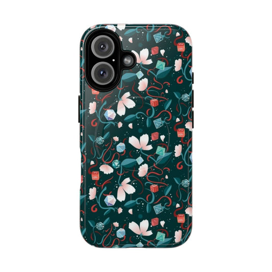 Magnetic tough phone case with a dark blue pattern featuring flowers and polyhedral dice.