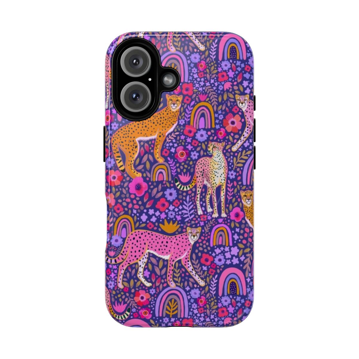 Vibrant illustration of cheetahs in a rainbow garden on a navy blue magnetic phone case