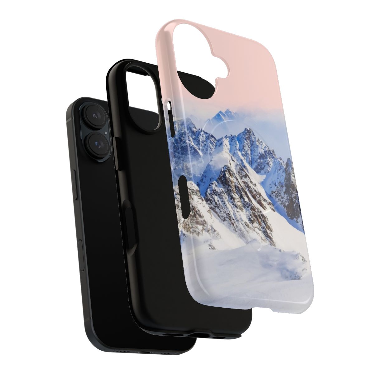 A phone case featuring a beautiful snow-capped mountain landscape in digital art style. - Layers