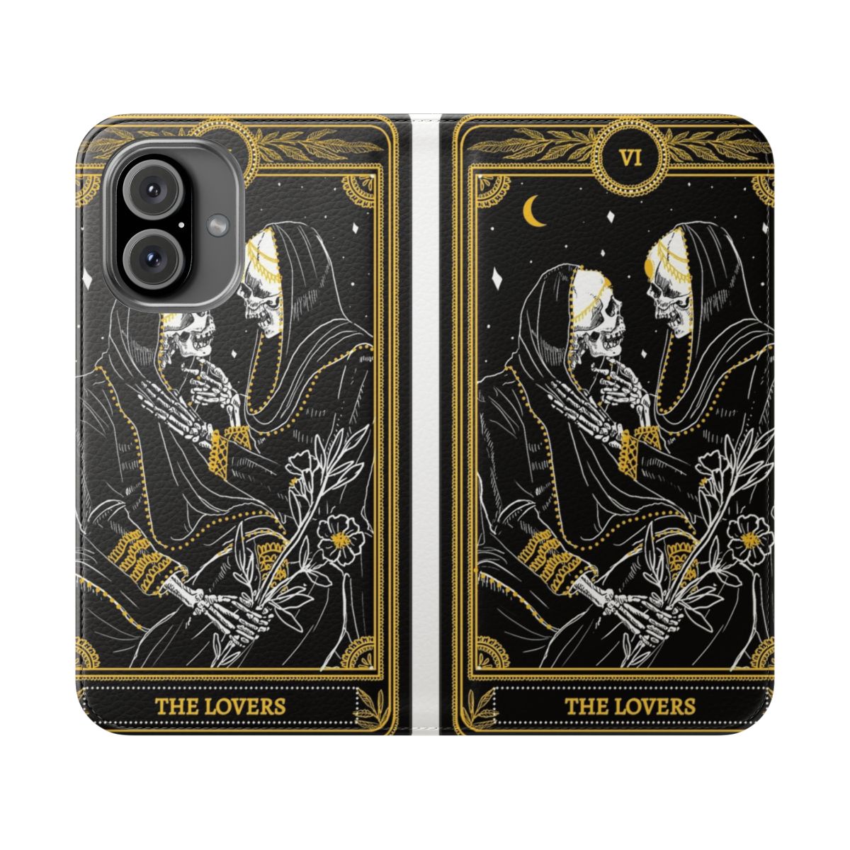 Dark Gothic Tarot Card Inspired Flip Phone Case with Skeleton Imagery