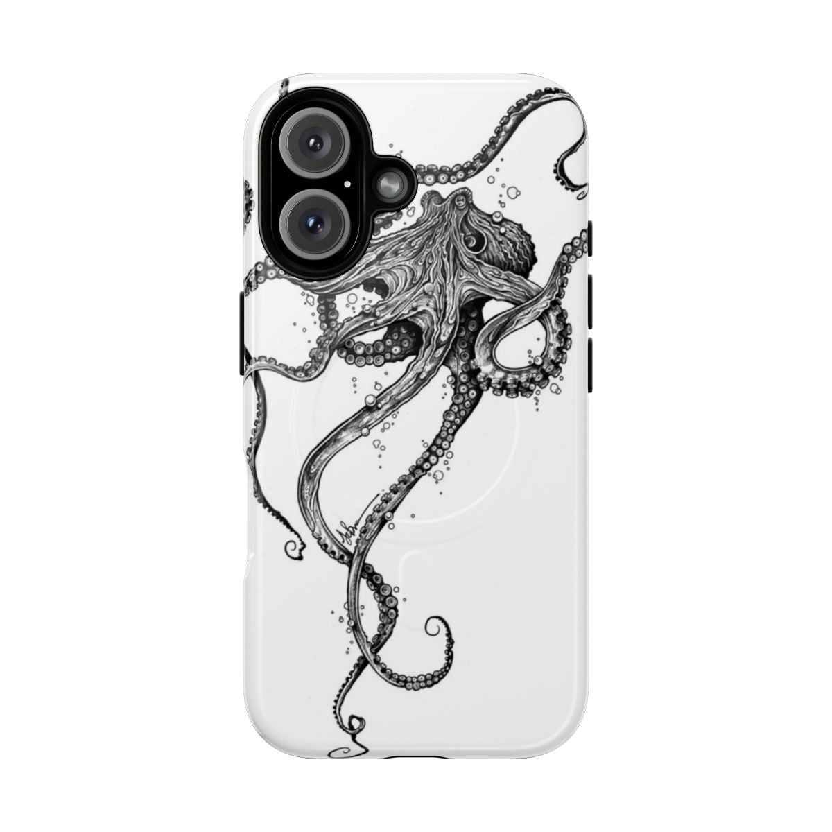 Artistic black and white illustration of an octopus on a durable phone case