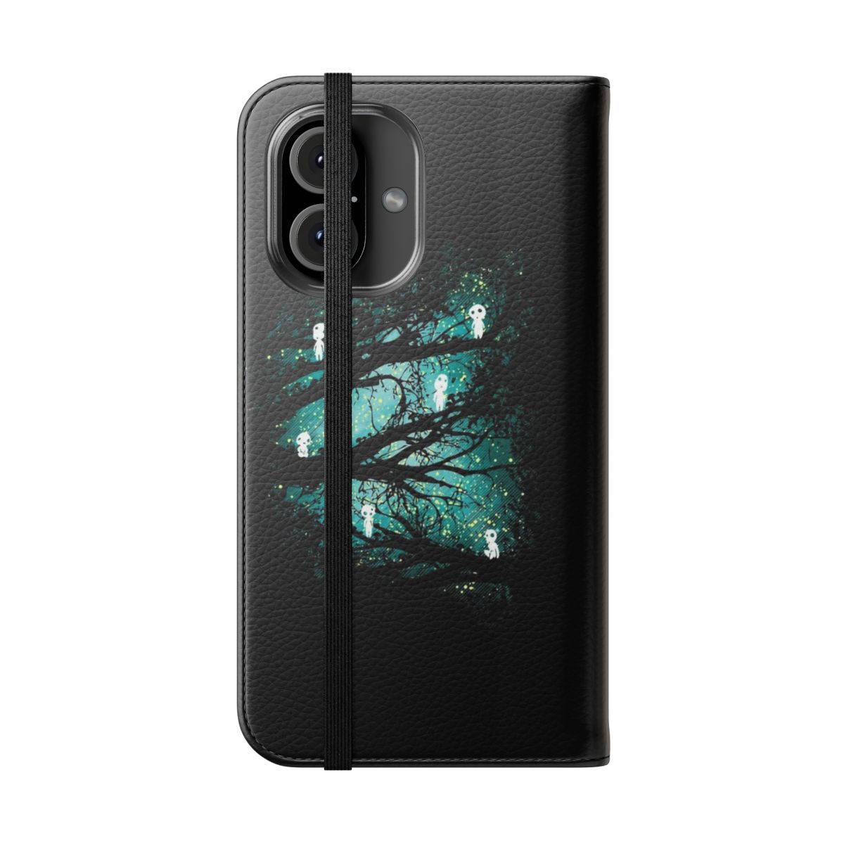 Flip cover phone case featuring a fantasy artwork of tree spirits - Folded Front