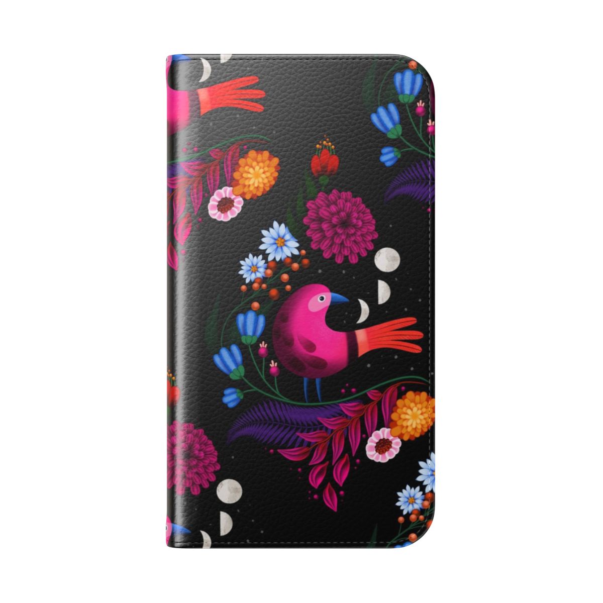 Flip cover phone case with a minimalist, graphical night sky and floral design - Folded Back