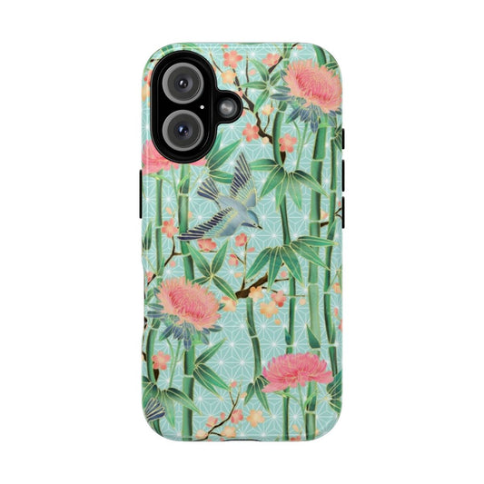 Soft blue green magnetic tough case with a nature-inspired bamboo, birds, and blossoms pattern.