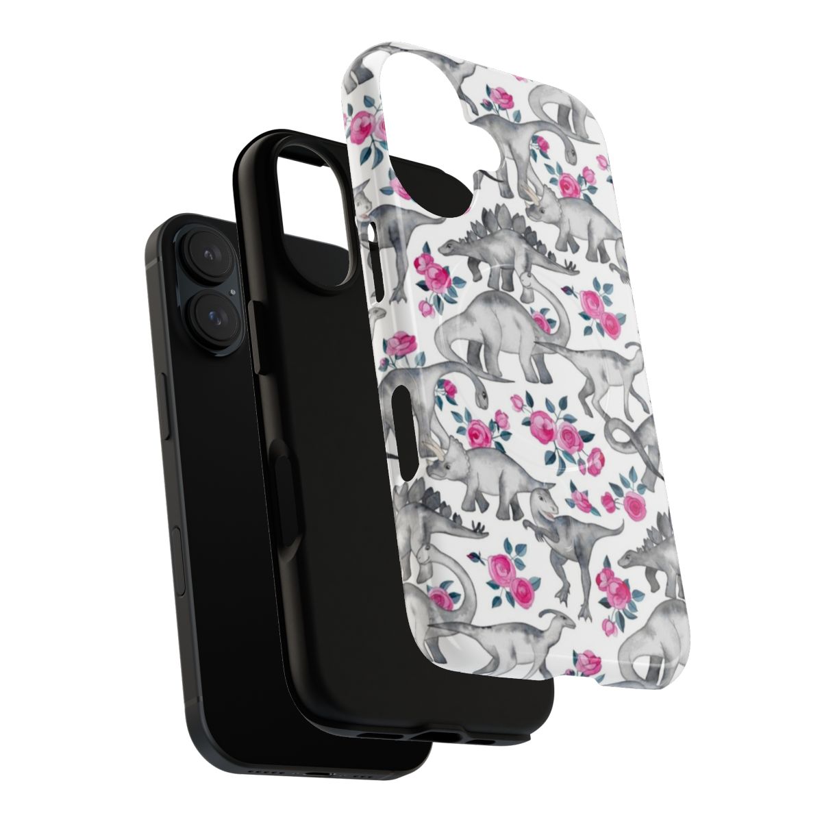 Colorful watercolor design featuring dinosaurs and roses on a white magnetic phone case - Layers