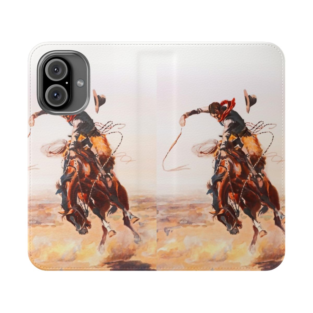 Flip cover phone case featuring a vintage western-style design with horses, cowboys, and other wild west elements.