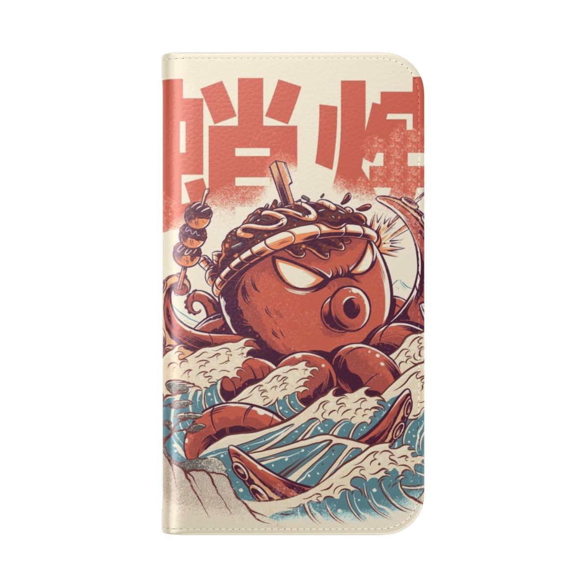 An illustrated phone case featuring an angry, retro-style takoyaki creature. - Folded Back