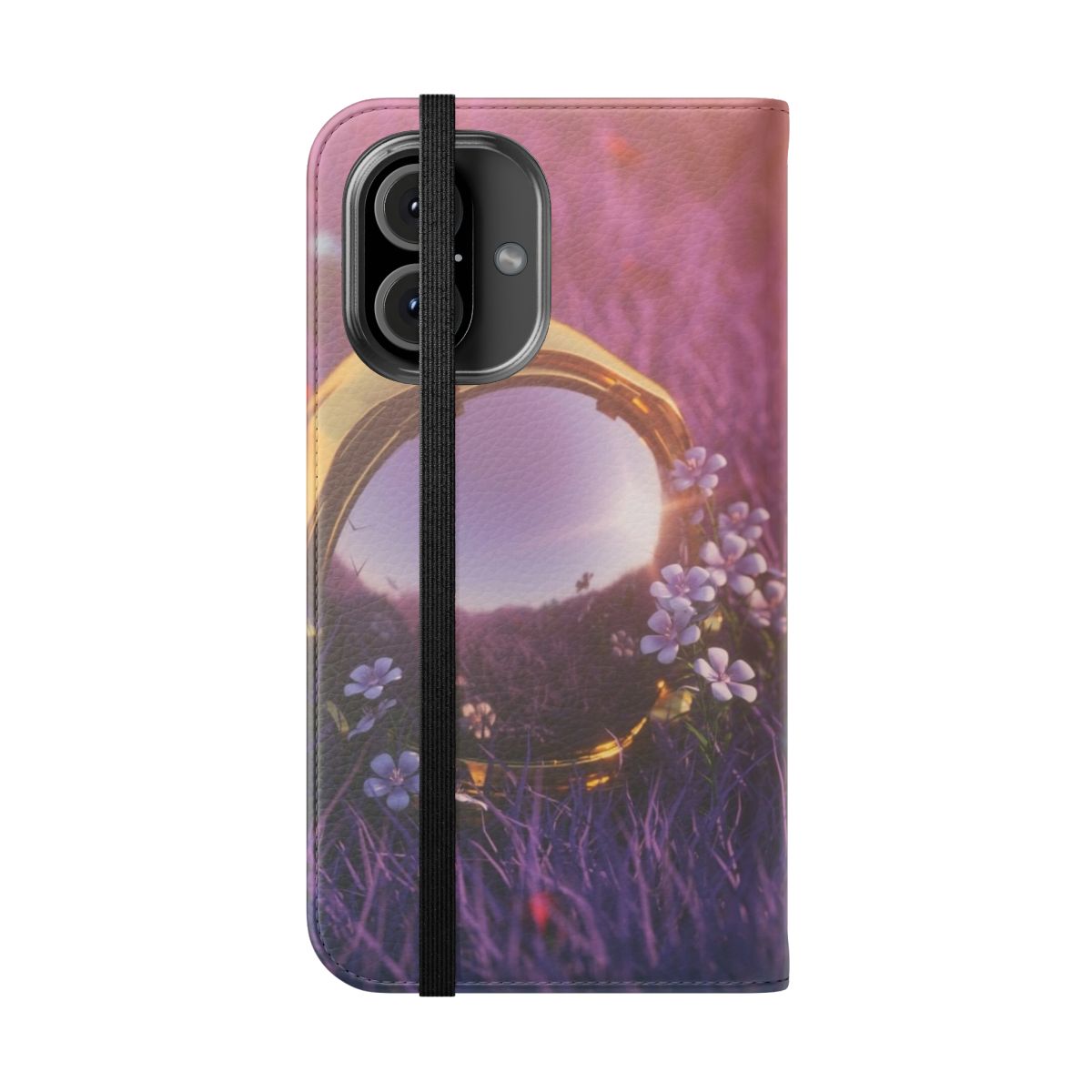 Trippy space-themed 3D rendered phone case with astronaut helmet, grass, and flowers - Folded Front