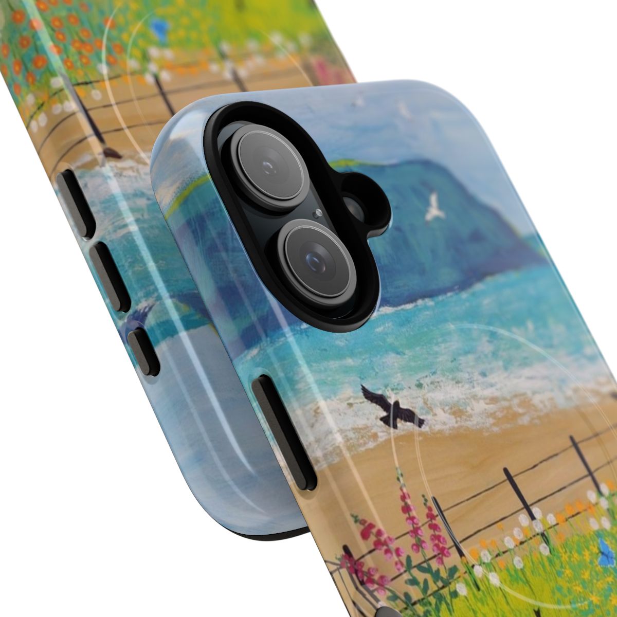 A magnetic phone case featuring a scenic landscape of flowers, gardens, and the sea. - Detail