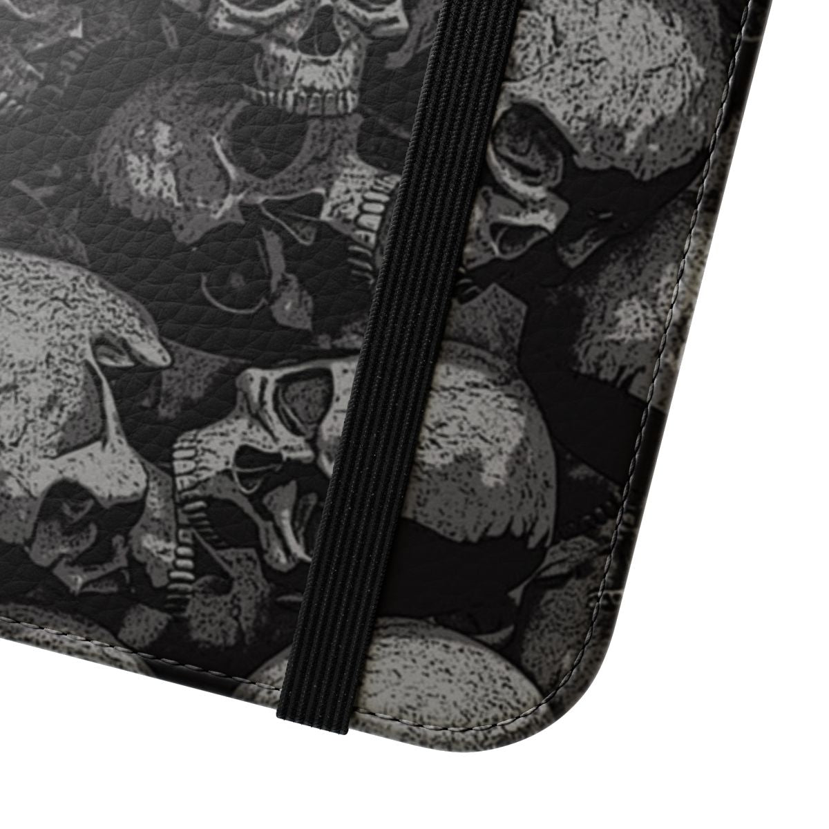 A dark gothic phone case with a skeleton and skull pattern in a spooky, macabre design. - Close Up