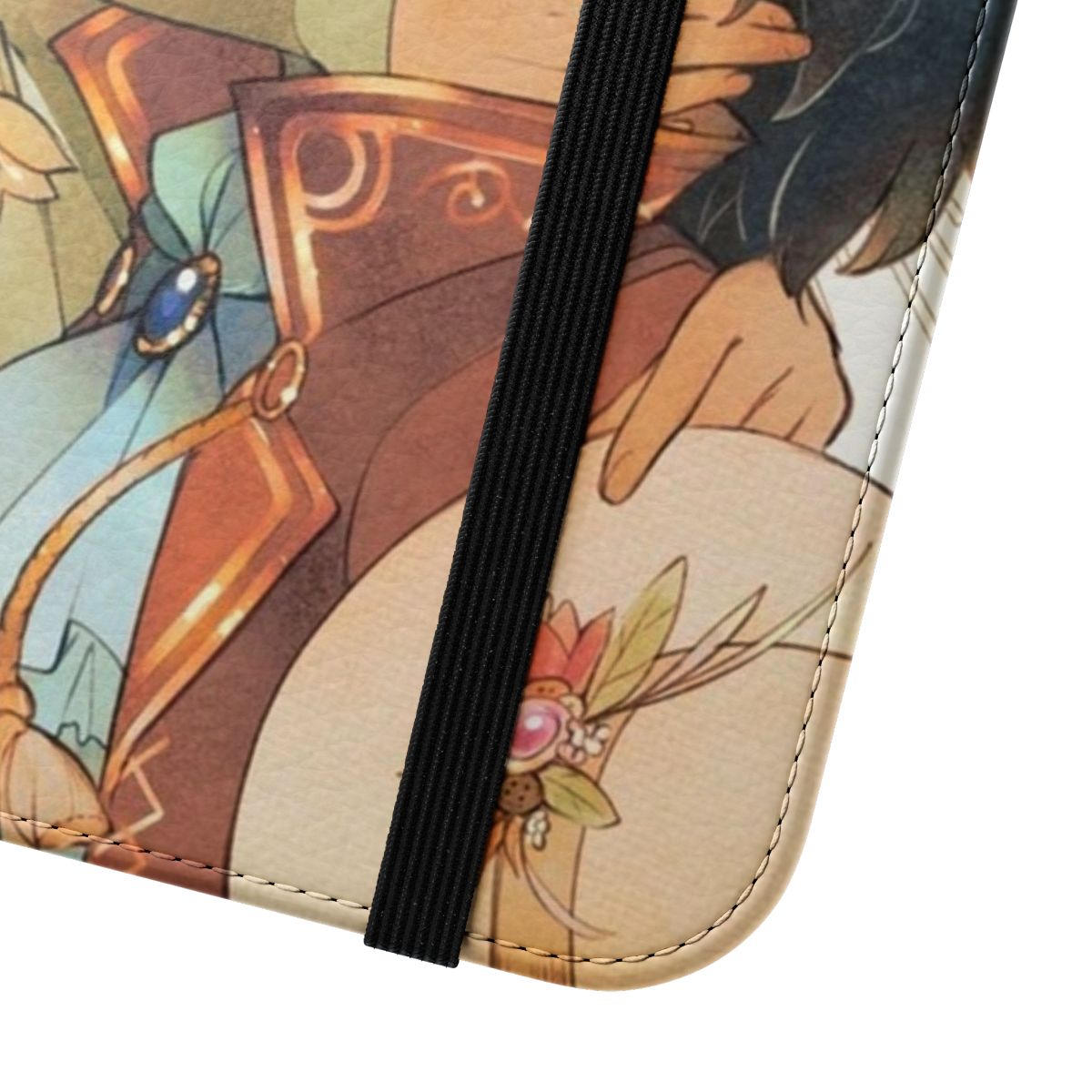 Whimsical art nouveau-style flip cover phone case featuring characters from the beloved anime "Howl's Moving Castle" - Close Up