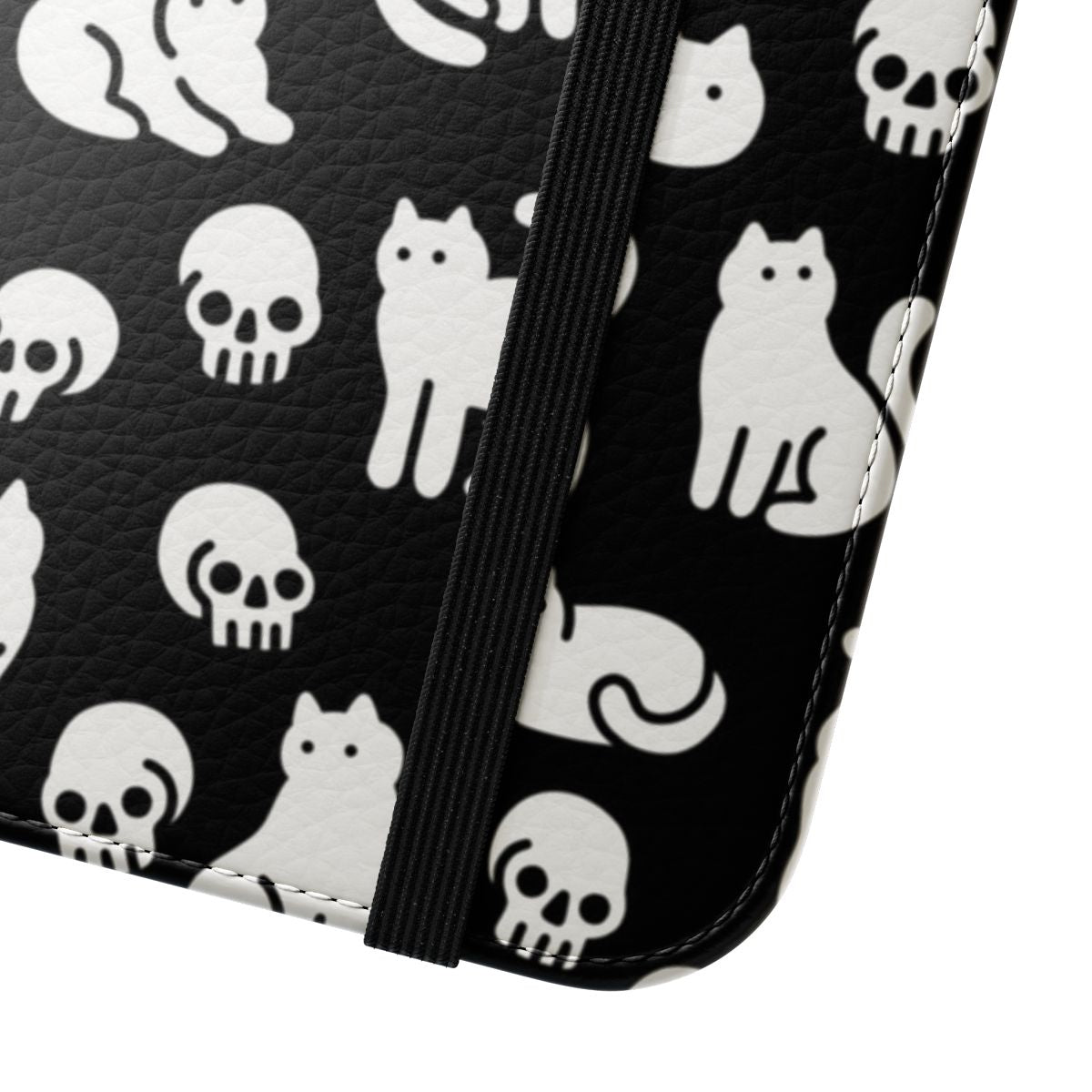 A stylish flip phone case featuring a cute and spooky cat and skull pattern design. - Close Up