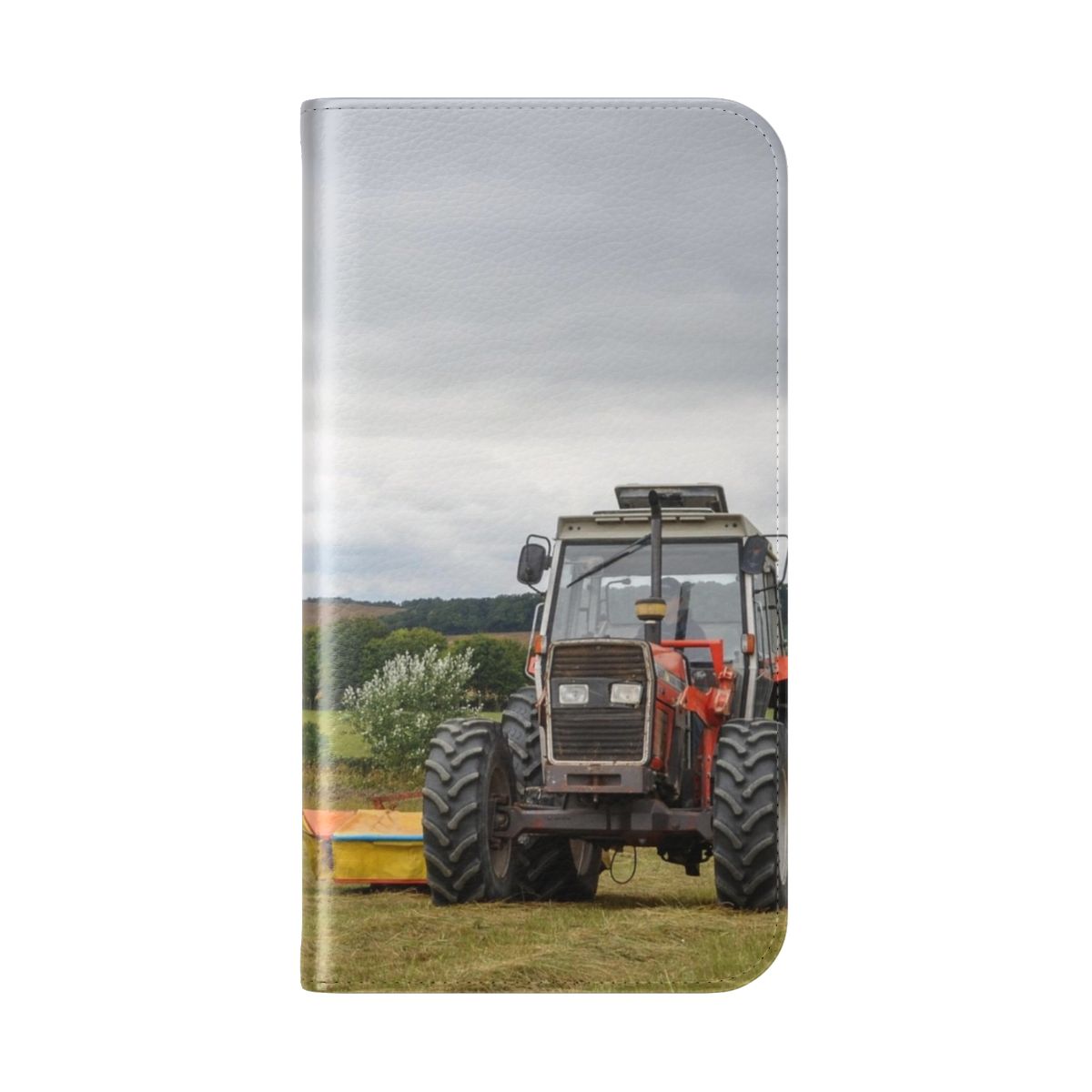 Mowing Flip Cover Phone Case featuring a tractor in a countryside landscape - Folded Back