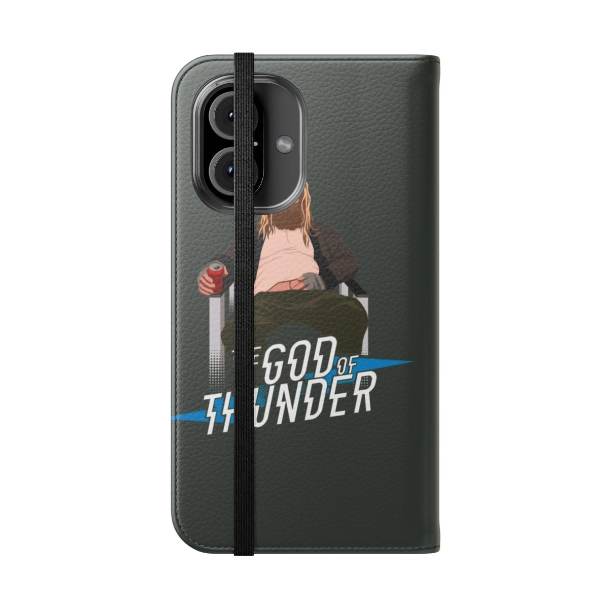 A Thor-inspired flip cover phone case with a humorous, parody design - Folded Front