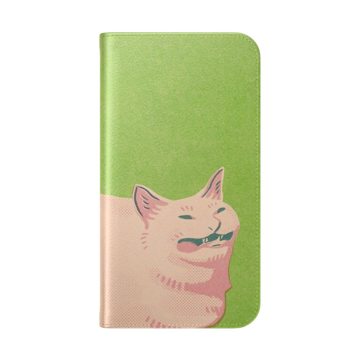 Flip cover phone case with a design of a cat sneezing, a popular internet meme. - Folded Back