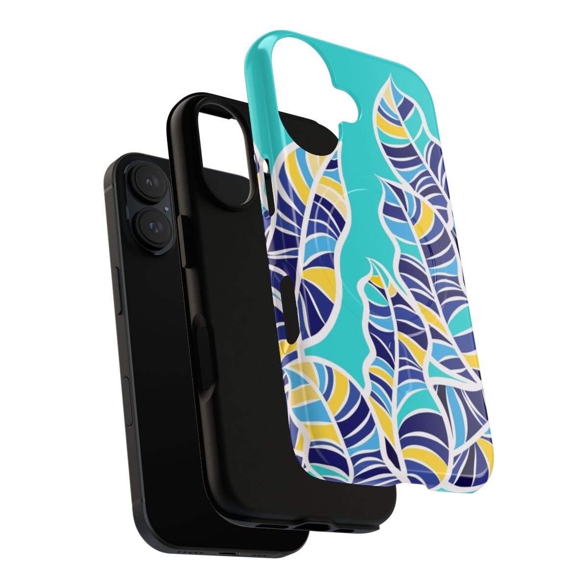 Vibrant tropical leaf pattern phone case in shades of blue, yellow, and turquoise - Layers