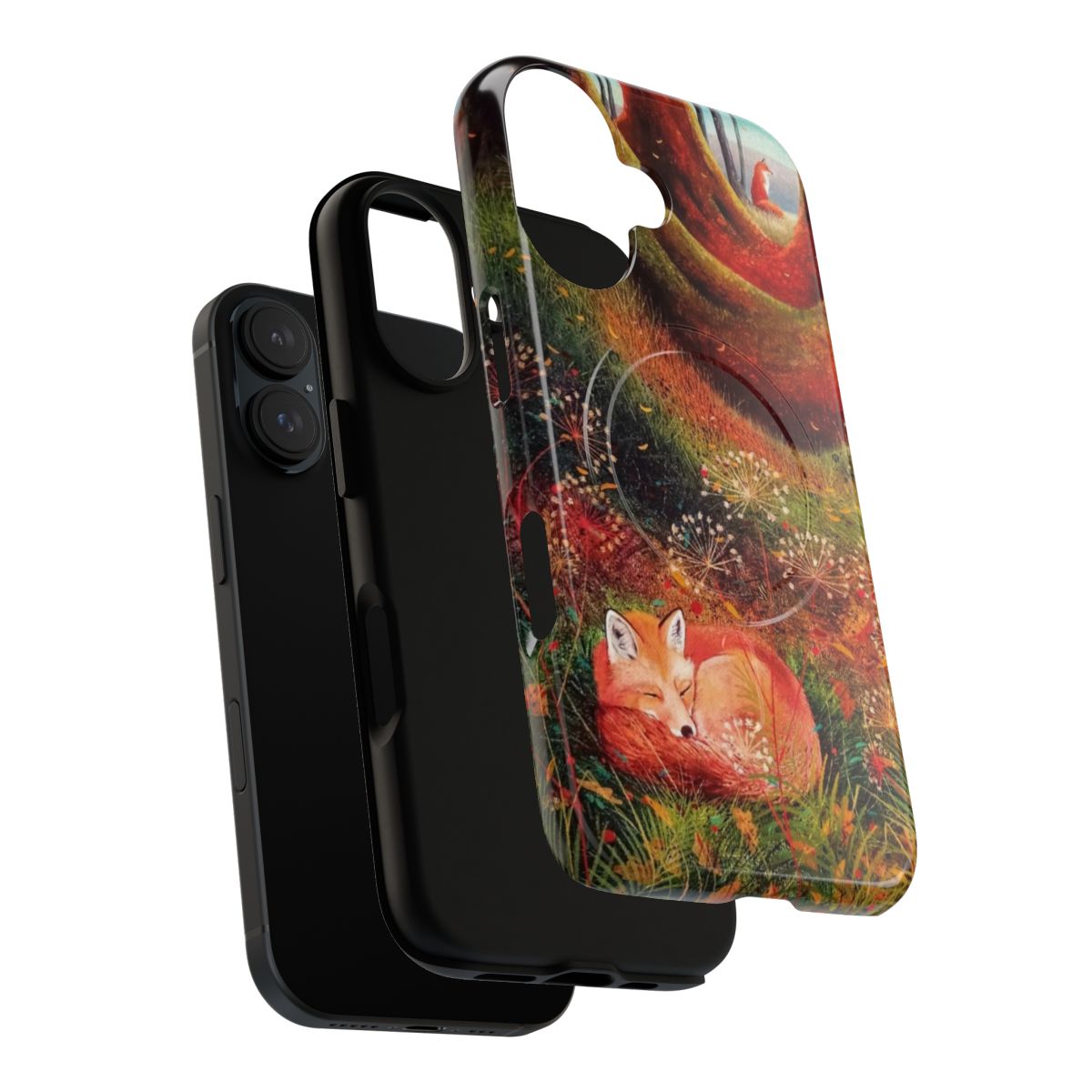 Magnetic phone case featuring a sleeping red fox in a forest environment - Layers