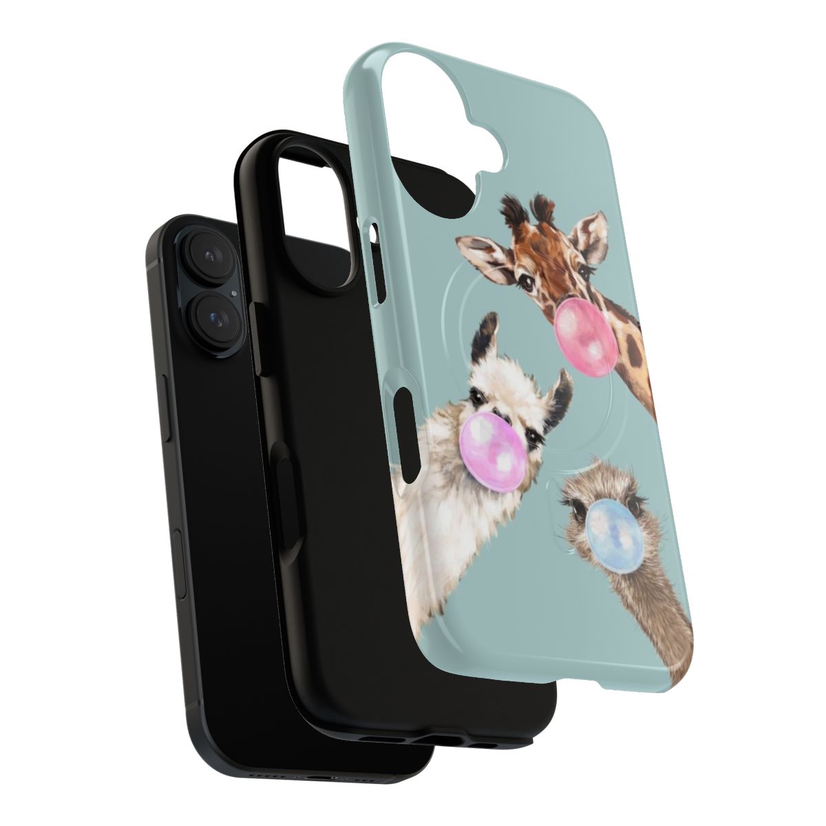 Colorful phone case featuring a playful design with llamas, ostriches, and giraffes - Layers