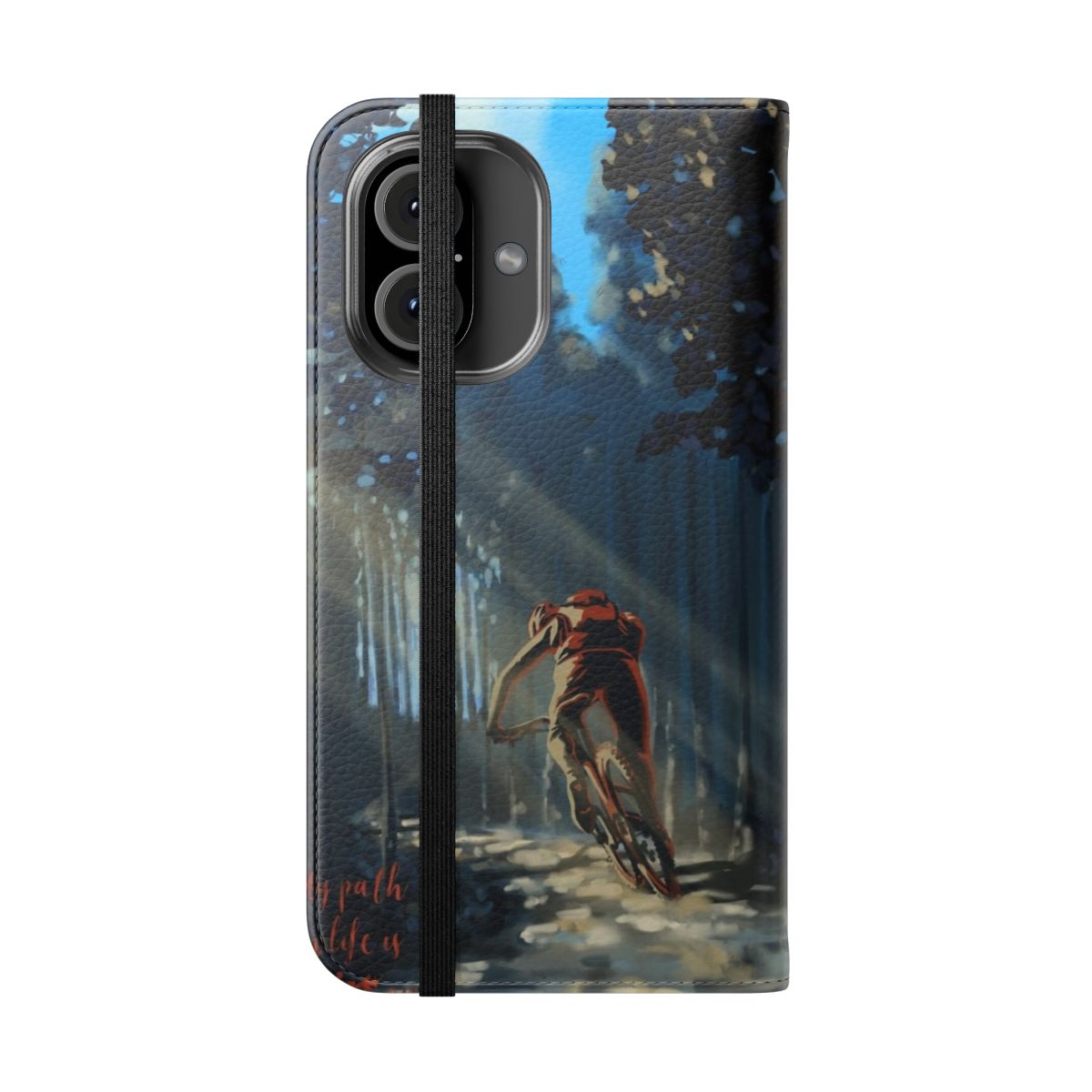 A flip cover phone case featuring a mountain biking landscape in a dirt road setting. - Folded Front