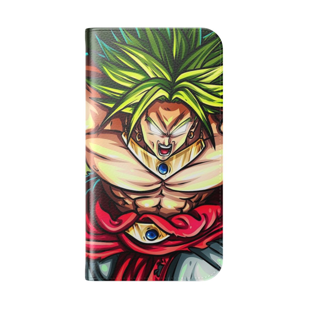 A stylish and durable phone case featuring the iconic Dragon Ball Z character, Broly, in a high-quality flip cover design. - Folded Back