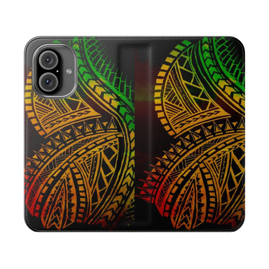 Polynesian tribal inspired flip cover phone case with bold and colorful tribal patterns