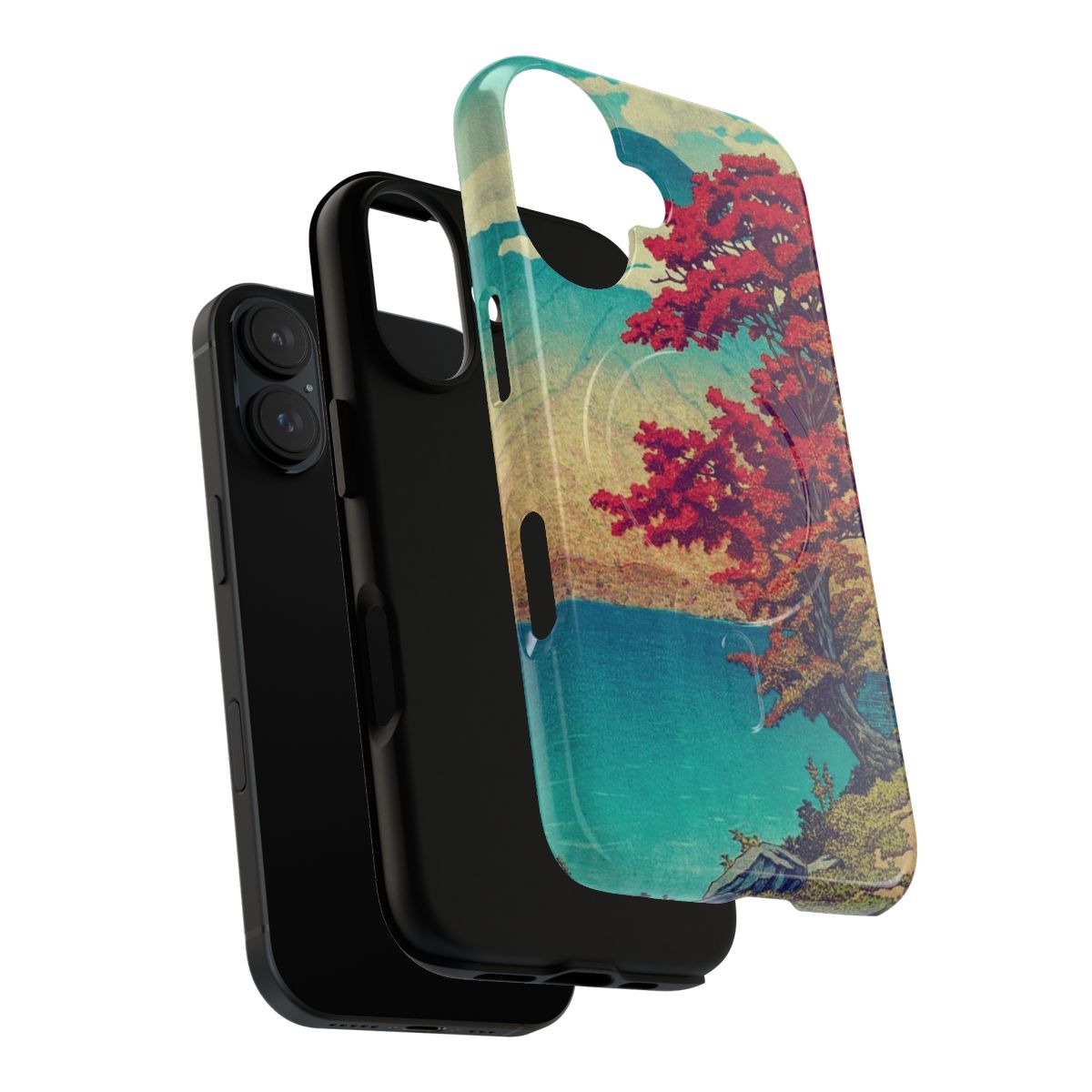 Magnetic phone case featuring a serene Japanese landscape with mountains, a lake, and clouds. - Layers