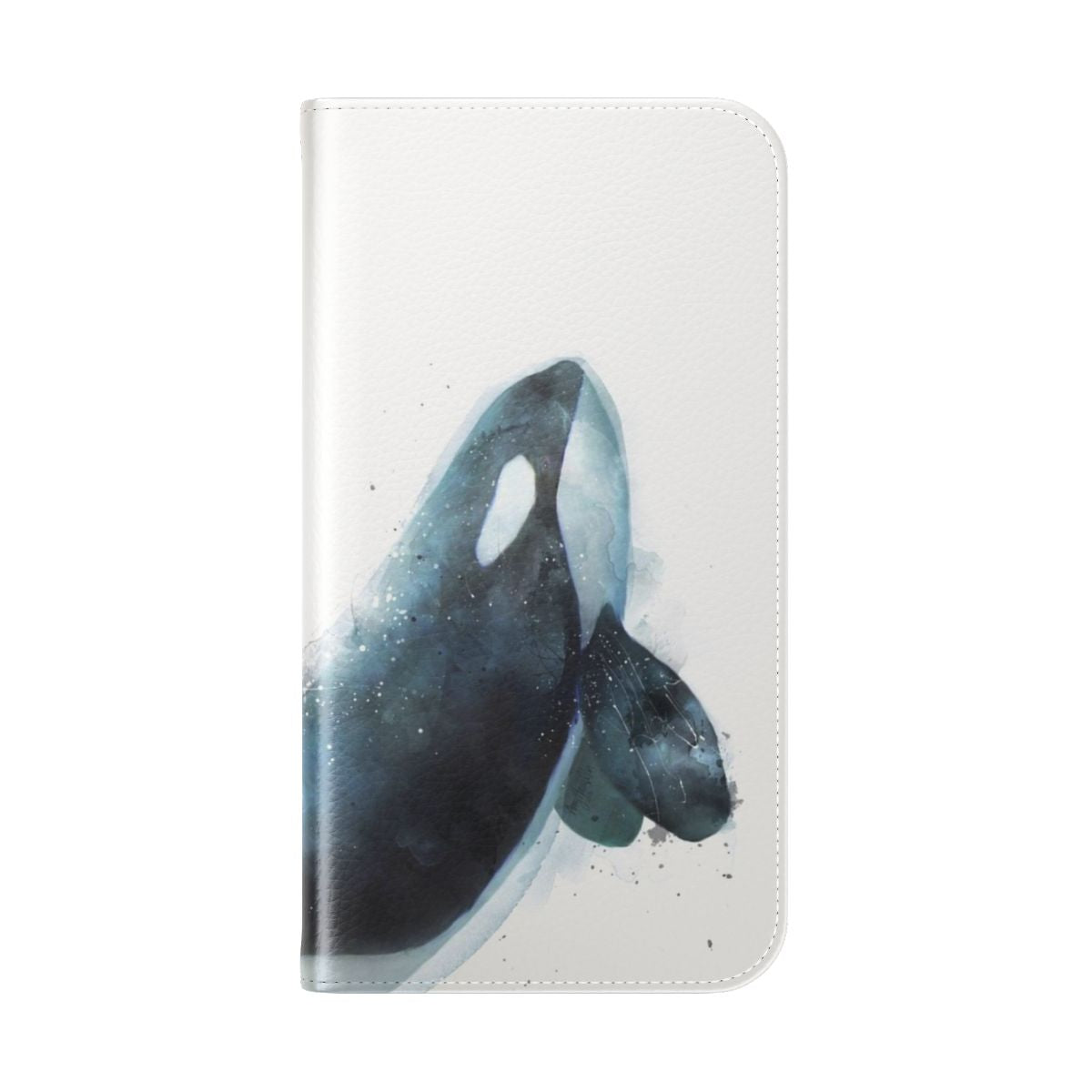 Orca-themed flip cover phone case with black, blue, and white design featuring a killer whale silhouette - Folded Back