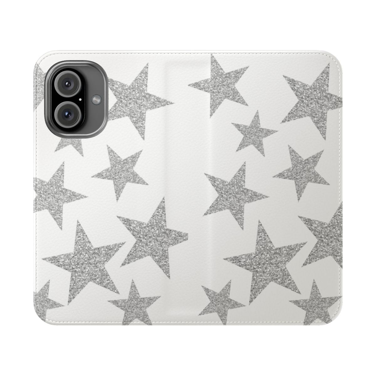 A silver glittery phone case featuring a design of sparkling stars