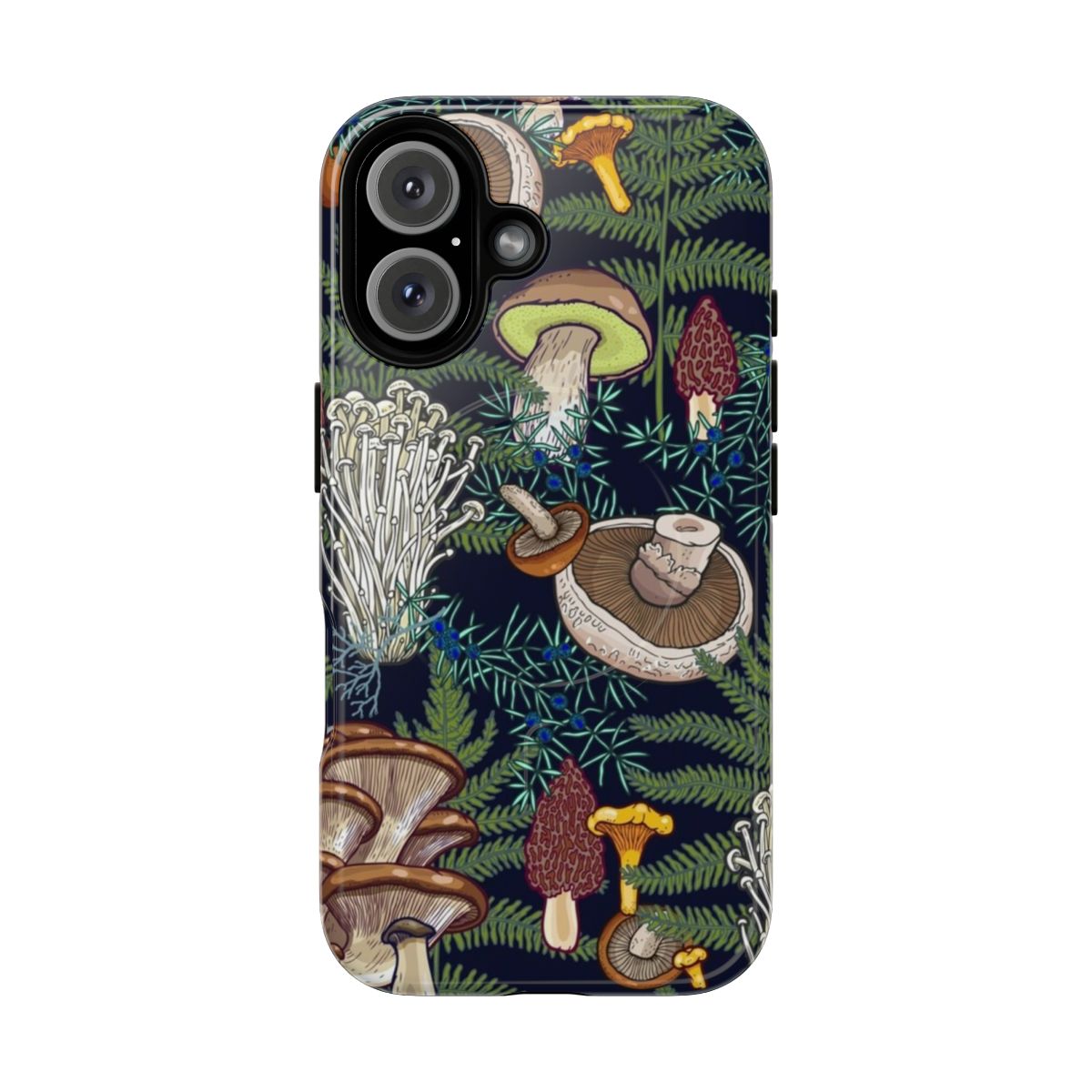 Dark forest phone case with whimsical mushroom illustration