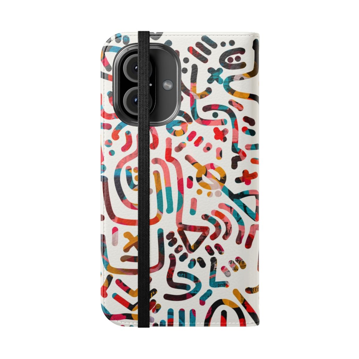 Vibrant graffiti-inspired flip cover phone case with abstract symbols and designs - Folded Front