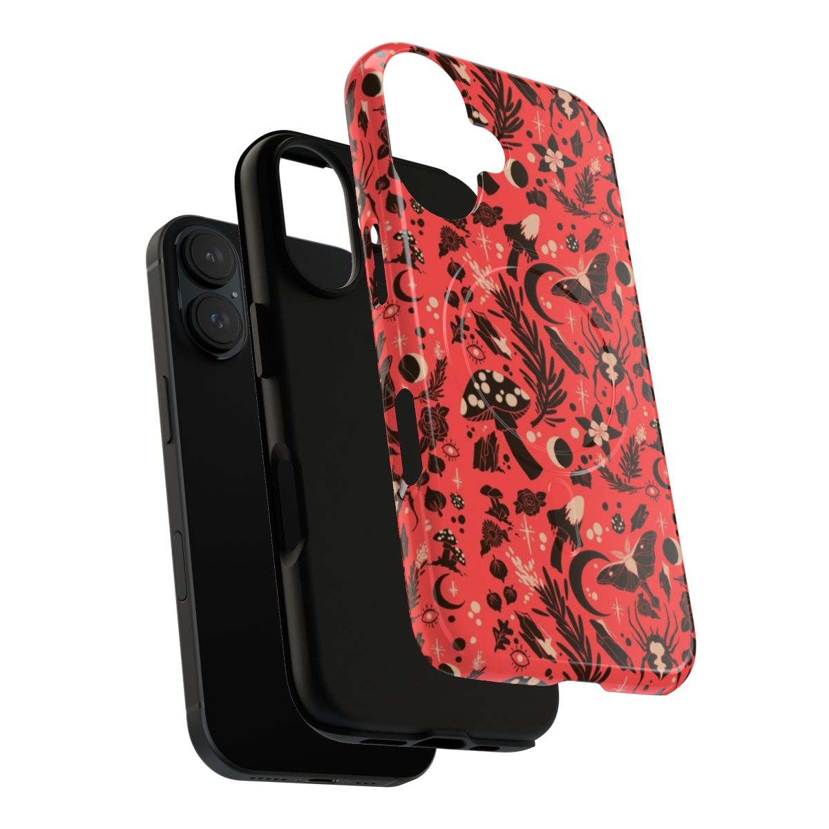 A nature-inspired phone case featuring a whimsical design of forest elements like mushrooms, plants, and moths. - Layers