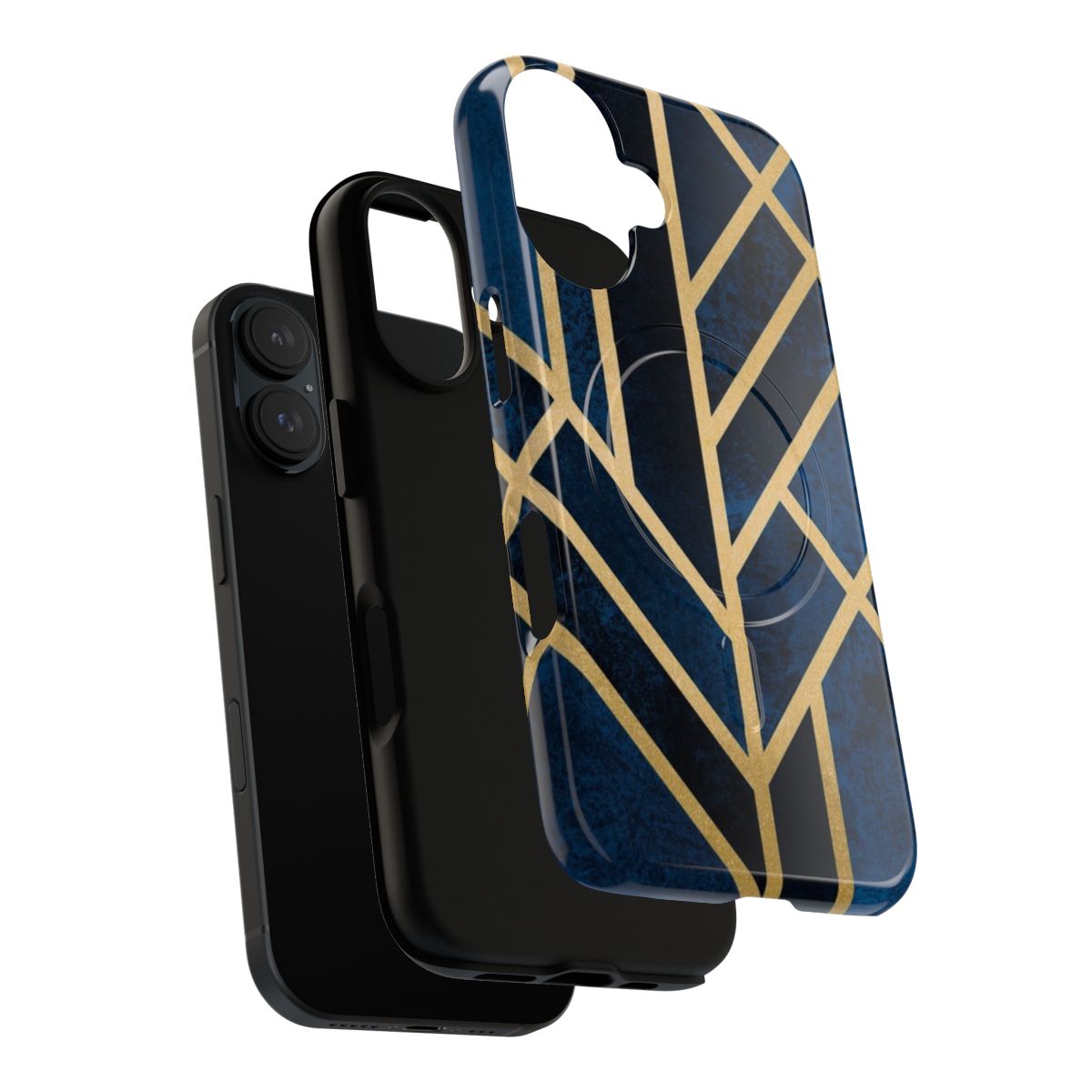 Midnight-themed art deco phone case with geometric patterns in gold and dark blue. - Layers