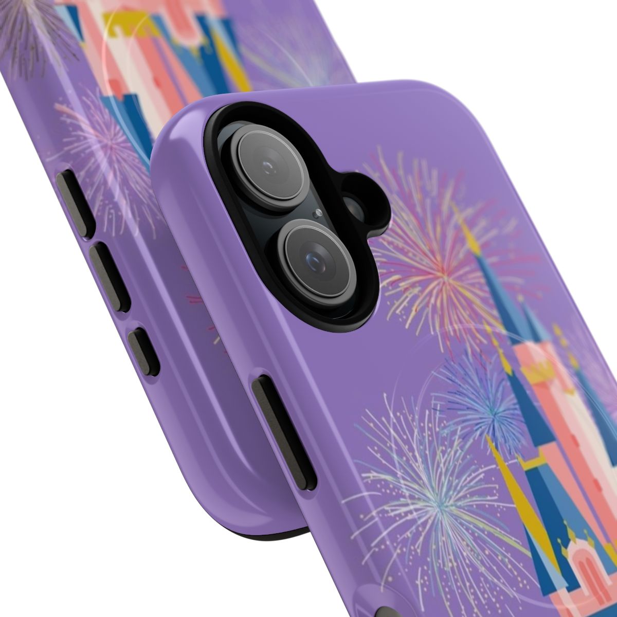 A whimsical phone case featuring a magical fairy tale castle with sparkling fireworks - Detail