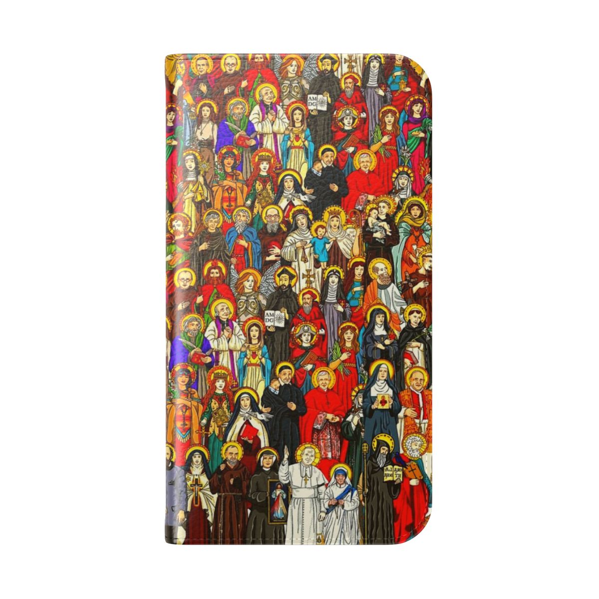 Flip phone case featuring illustrations of Catholic saints, including Padre Pio, Pope John Paul II, St. Francis, and St. Anthony. - Folded Back