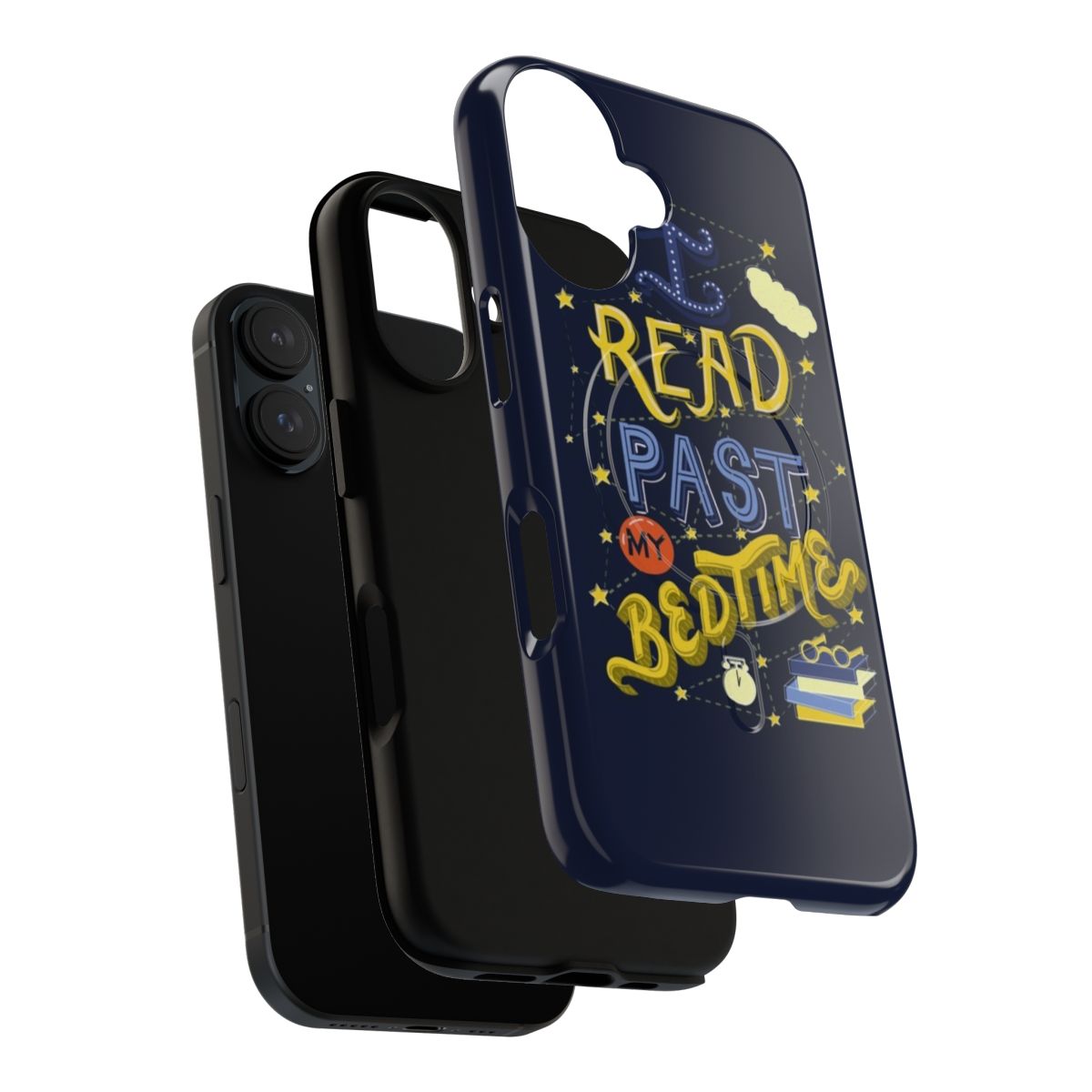 A magnetic phone case featuring the text "I Read Past My Bedtime" and an illustration of an owl, appealing to book lovers and bibliophiles. - Layers