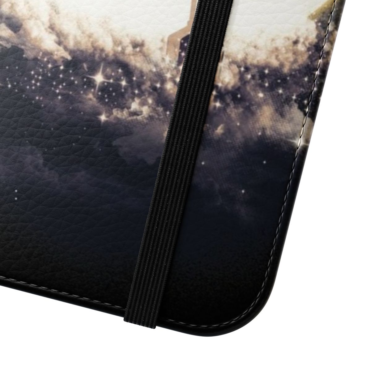 A sleek flip phone case featuring a surreal, abstract design with a sailing ship against a backdrop of the moon and stars. - Close Up