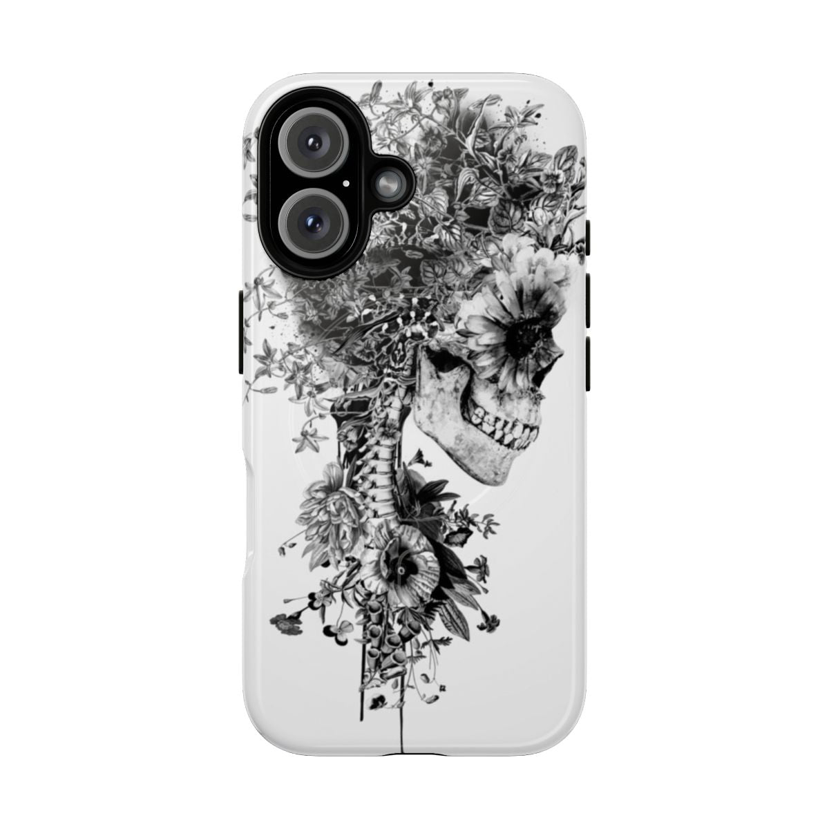 Magnetic phone case with a black and white skull and floral design