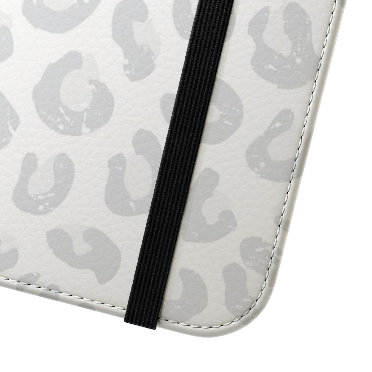 Leopard print flip cover phone case in silver gray and white - Close Up