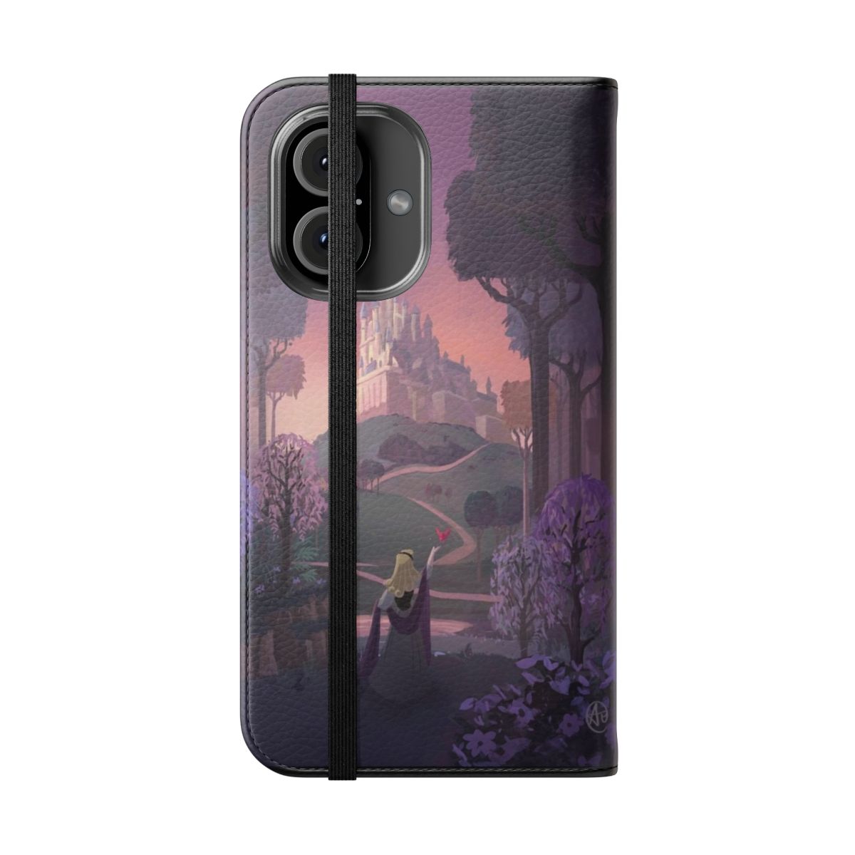 Flip cover phone case with a pastel illustration of a forest, dream, and sleeping beauty-inspired design - Folded Front