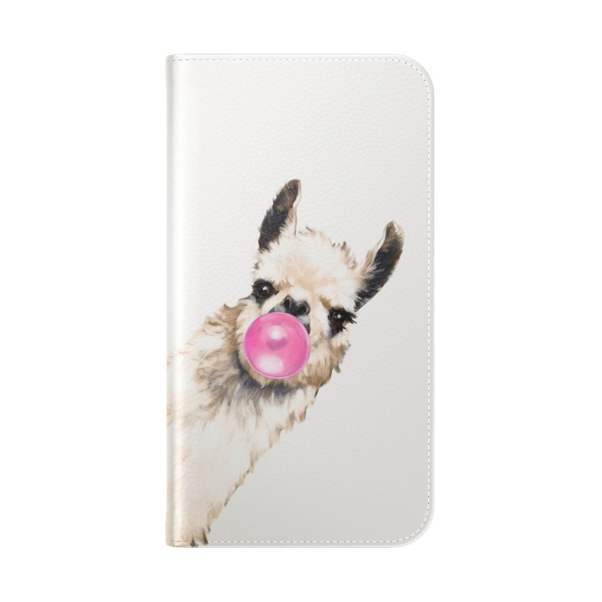 Whimsical watercolor illustration of a llama blowing a bubble with bubblegum on a phone case - Folded Back