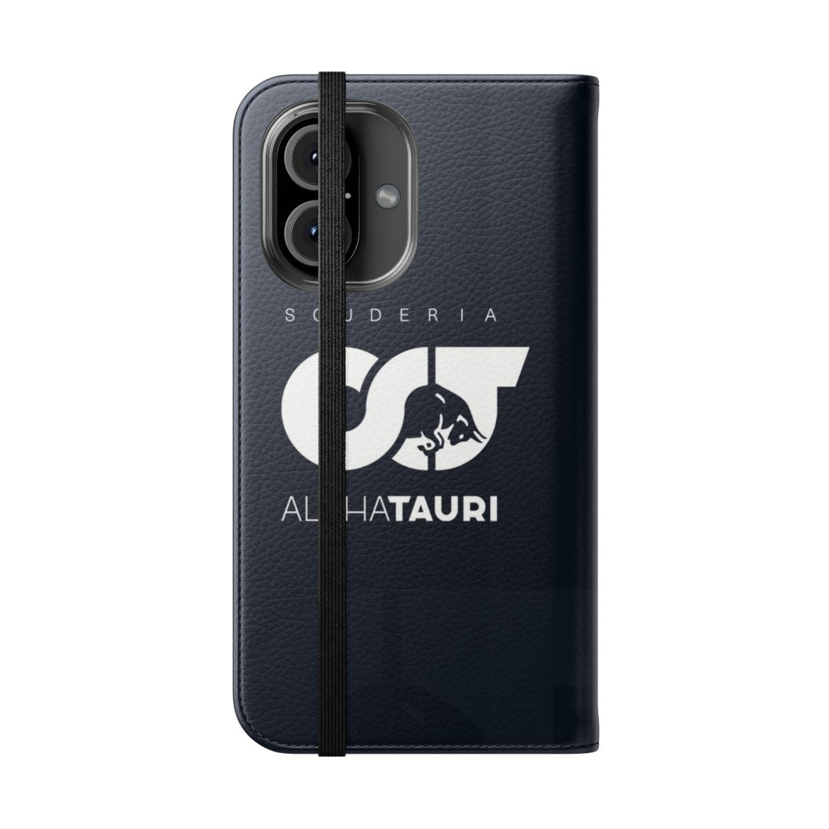 Premium flip cover phone case featuring the Alpha Tauri F1 team logo and colors - Folded Front